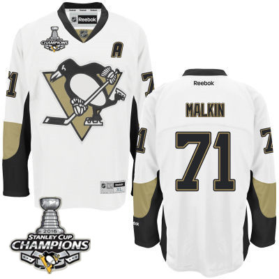Men's Pittsburgh Penguins #71 Evgeni Malkin White Road A Patch Jersey w 2016 Stanley Cup Champions Patch