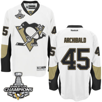 Men's Pittsburgh Penguins #45 Josh Archibald White Road Jersey w 2016 Stanley Cup Champions Patch