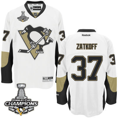 Men's Pittsburgh Penguins #37 Jeff Zatkoff White Road Jersey w 2016 Stanley Cup Champions Patch
