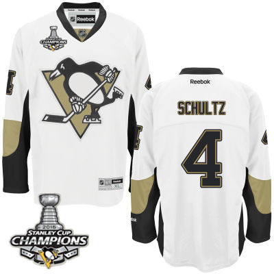 Men's Pittsburgh Penguins #4 Justin Schultz White Road Jersey 2016 Stanley Cup Champions Patch