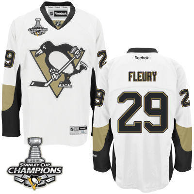 Men's Pittsburgh Penguins #29 Marc-Andre Fleury White Road Jersey 2016 Stanley Cup Champions Patch