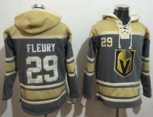 Men's Vegas Golden Knights #29 Marc-Andre Fleury Grey Gold Name & Number Pullover NHL Hoodie