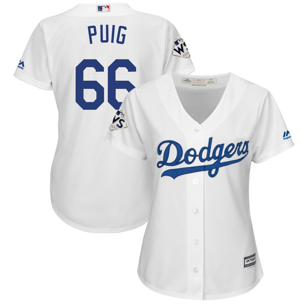 Women's Los Angeles Dodgers #66 Yasiel Puig White 2017 World Series Bound Cool Base Player Jersey
