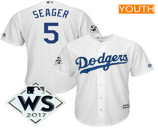 Youth Los Angeles Dodgers Corey Seager Majestic White 2017 World Series Patch Cool Base Player Jersey