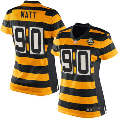 Women's Nike Pittsburgh Steelers #90 T. J. Watt Yellow Black Alternate Stitched NFL Elite Jersey