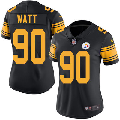 Women's Nike Pittsburgh Steelers #90 T. J. Watt Black Stitched NFL Limited Rush Jersey