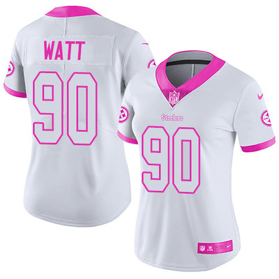 Women's Nike Pittsburgh Steelers #90 T. J. Watt White Pink Stitched NFL Limited Rush Fashion Jersey