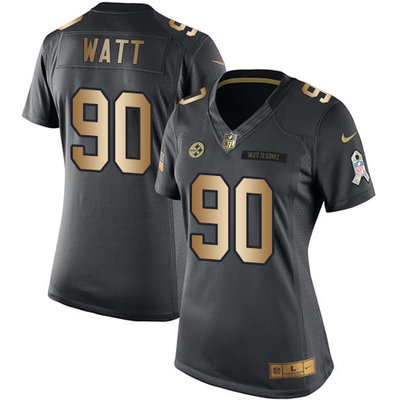 Women's Nike Pittsburgh Steelers #90 T. J. Watt Black Stitched NFL Limited Gold Salute to Service Jersey