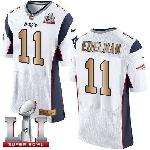 Nike Patriots #11 Julian Edelman White Super Bowl LI 51 Men's Stitched NFL New Elite Gold Jersey