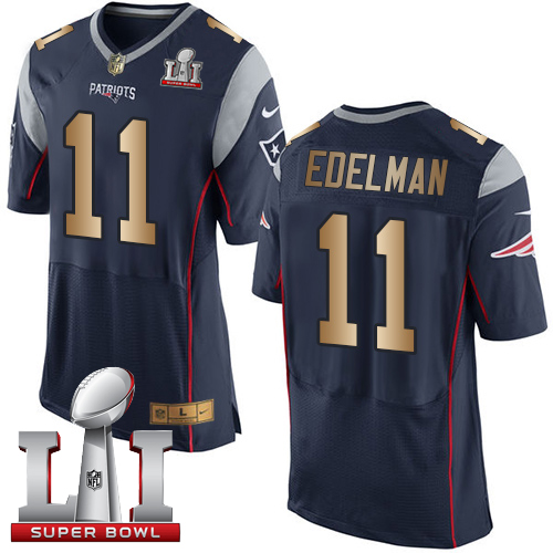 Nike Patriots #11 Julian Edelman Navy Blue Team Color Super Bowl LI 51 Men's Stitched NFL New Elite Gold Jersey