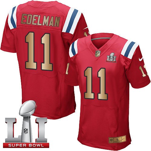 Nike Patriots #11 Julian Edelman Red Alternate Super Bowl LI 51 Men's Stitched NFL Elite Gold Jersey