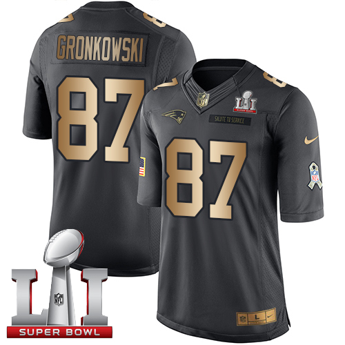 Nike Patriots #87 Rob Gronkowski Black Super Bowl LI 51 Men's Stitched NFL Limited Gold Salute To Service Jersey