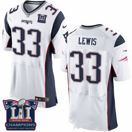 Men's New England Patriots #33 Dion Lewis White 2017 Super Bowl LI Champions Patch Stitched NFL Nike Elite Jersey