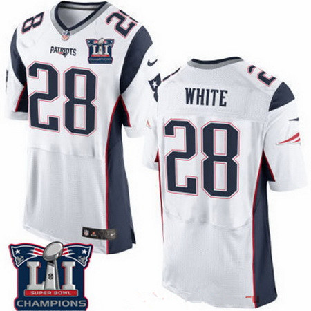 Men's New England Patriots #28 James White White 2017 Super Bowl LI Champions Patch Stitched NFL Nike Elite Jersey
