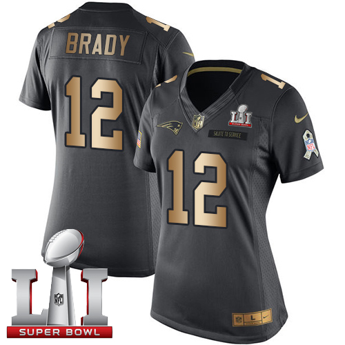 Women's Nike New England Patriots #12 Tom Brady Black Super Bowl LI 51 Stitched NFL Limited Gold Salute to Service Jersey