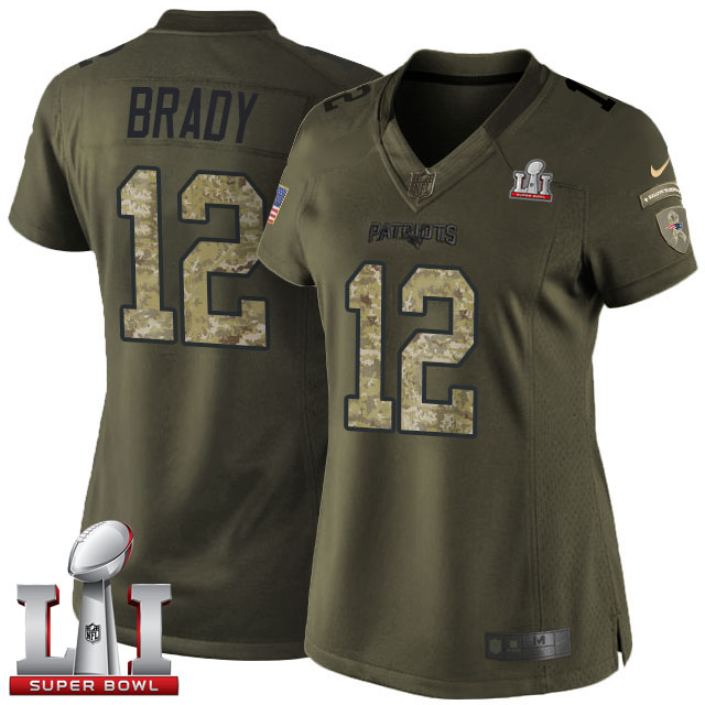 Women's Nike New England Patriots #12 Tom Brady Green Super Bowl LI 51 Stitched NFL Limited Salute to Service Jersey