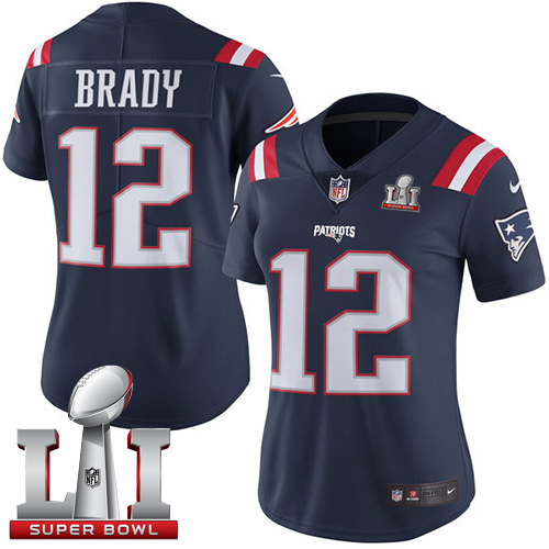 Women's Nike New England Patriots #12 Tom Brady Navy Blue Super Bowl LI 51 Stitched NFL Limited Rush Jersey
