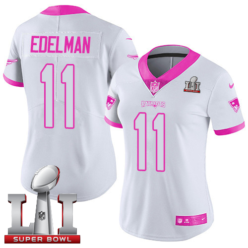 Women's Nike New England Patriots #11 Julian Edelman White Pink Super Bowl LI 51 Stitched NFL Limited Rush Fashion Jersey