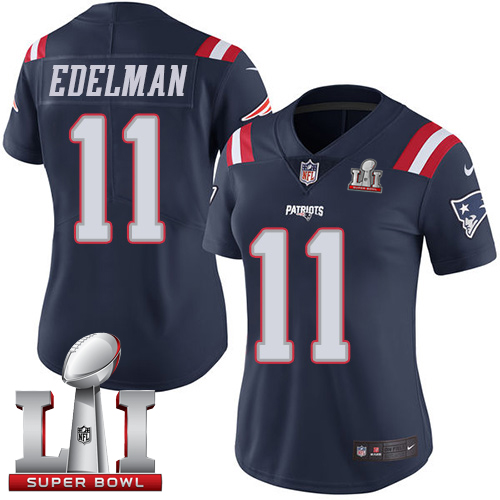 Women's Nike New England Patriots #11 Julian Edelman Navy Blue Super Bowl LI 51 Stitched NFL Limited Rush Jersey