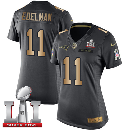 Women's Nike New England Patriots #11 Julian Edelman Black Super Bowl LI 51 Stitched NFL Limited Gold Salute to Service Jersey