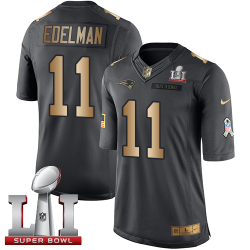 Youth Nike New England Patriots #11 Julian Edelman Black Super Bowl LI 51 Stitched NFL Limited Gold Salute to Service Jersey