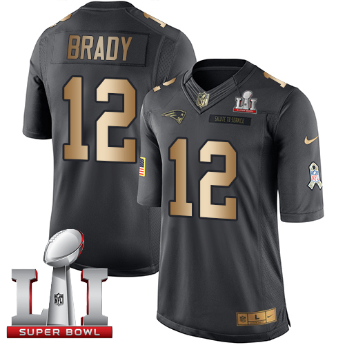 Youth Nike New England Patriots #12 Tom Brady Black Super Bowl LI 51 Stitched NFL Limited Gold Salute to Service Jersey