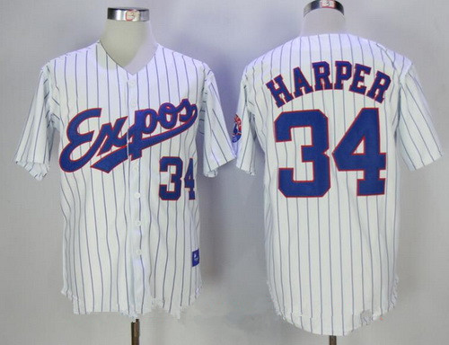 Men's Montreal Expos #34 Bryce Harper Majestic 1982 White Pinstripe Stitched MLB Cooperstown Collection Jersey