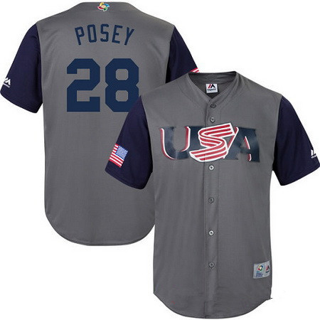 Men's Team USA Baseball Majestic #28 Buster Posey Gray 2017 World Baseball Classic Stitched Replica Jersey