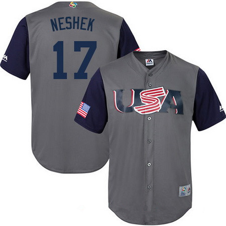 Men's Team USA Baseball Majestic #17 Pat Neshek Gray 2017 World Baseball Classic Stitched Replica Jersey