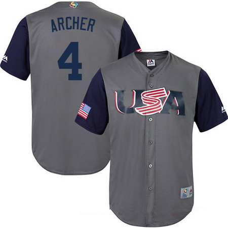 Men's Team USA Baseball Majestic #4 Chris Archer Gray 2017 World Baseball Classic Stitched Replica Jersey