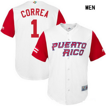 Men's Puerto Rico Baseball #1 Carlos Correa Majestic White 2017 World Baseball Classic Stitched Replica Jersey