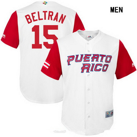 Men's Puerto Rico Baseball #15 Carlos Beltran Majestic White 2017 World Baseball Classic Stitched Replica Jersey