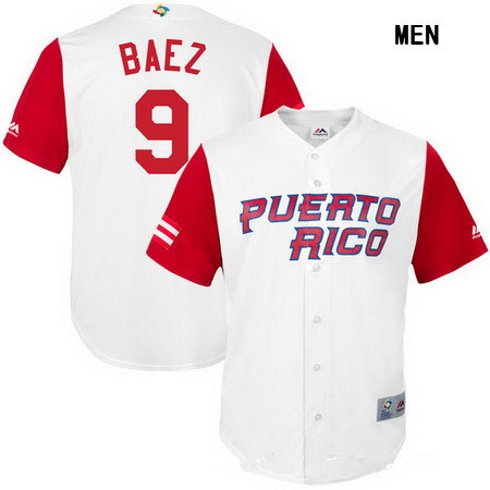 Men's Puerto Rico Baseball #9 Javier Baez Majestic White 2017 World Baseball Classic Stitched Replica Jersey