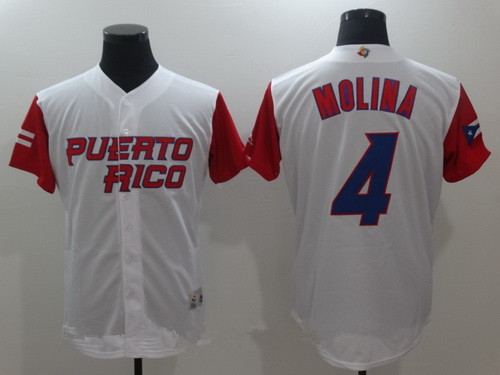 Men's Puerto Rico Baseball #4 Yadier Molina Majestic White 2017 World Baseball Classic Stitched Authentic Jersey