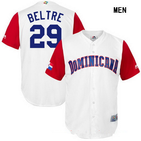 Men's Dominican Republic Baseball #29 Adrian Beltre Majestic White 2017 World Baseball Classic Stitched Replica Jersey