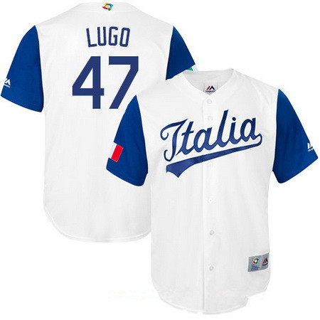 Men's Team Italy Baseball Majestic #47 Luis Lugo White 2017 World Baseball Classic Stitched Replica Jersey