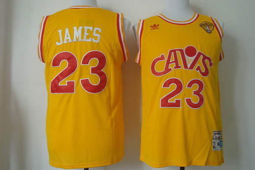 Men's Cleveland Cavaliers #23 LeBron James 2017 The NBA Finals Patch CavFanatic Yellow Hardwood Classics Soul Swingman Throwback Jersey