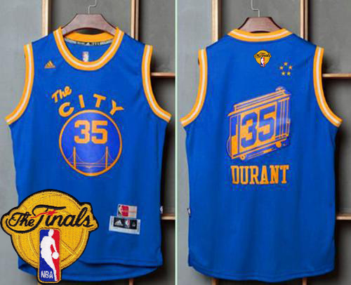 Men's Warriors #35 Kevin Durant Blue Throwback The City 2017 The Finals Patch Stitched NBA Jersey