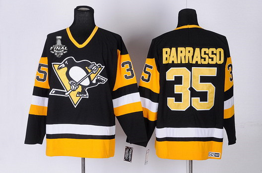 Men's Pittsburgh Penguins #35 Tom Barrasso Retired Black Throwback CCM 2017 Stanley Cup NHL Finals C Patch Jersey