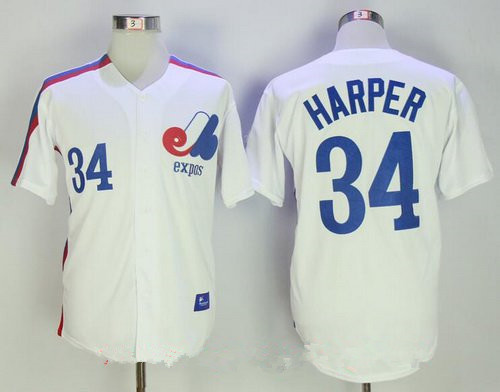 Men's Montreal Expos #34 Bryce Harper Majestic 1982 White Stitched MLB Cooperstown Collection Jersey