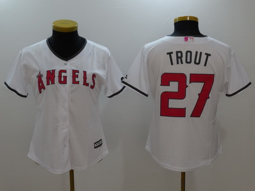 Women's Los Angeles Of Anaheim #27 Mike Trout White With Pink Mother's Day Stitched MLB Majestic Cool Base Jersey