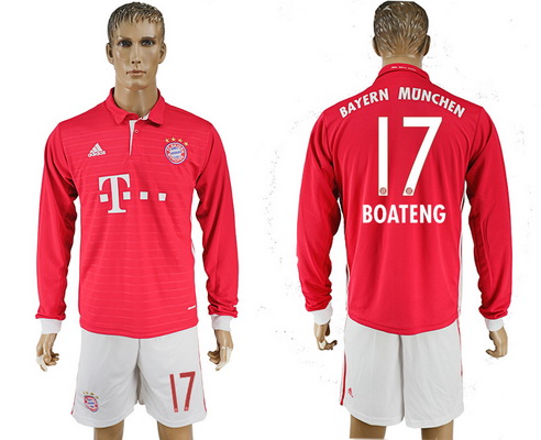 2016-17 Bayern Munich #17 BOATENG Home Soccer Men's Red Long Sleeve Shirt Kit