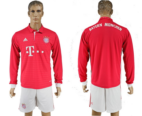2016-17 Bayern Munich Blank or Custom Home Soccer Men's Red Long Sleeve Shirt Kit
