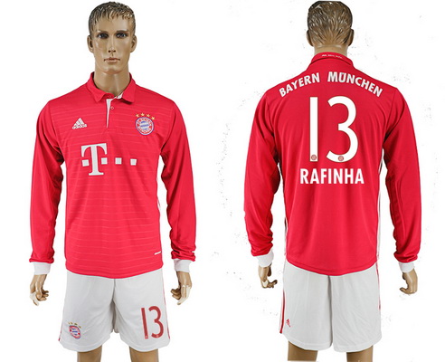 2016-17 Bayern Munich #13 RAFINHA Home Soccer Men's Red Long Sleeve Shirt Kit