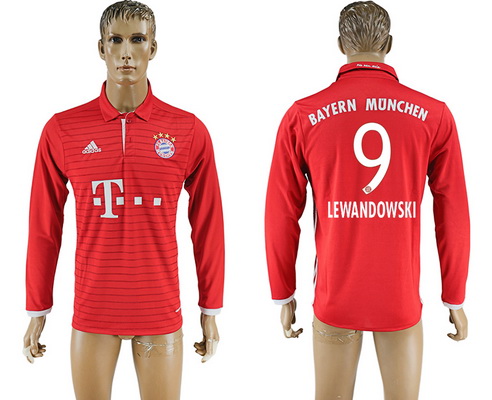 2016-17 Bayern Munich #9 LEWANDOWSKI Home Soccer Men's Red Long Sleeve AAA+ Shirt