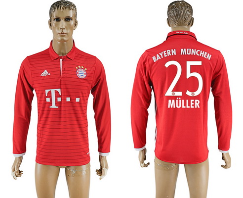 2016-17 Bayern Munich #25 MULLER Home Soccer Men's Red Long Sleeve AAA+ Shirt