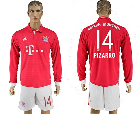 2016-17 Bayern Munich #14 PIZARRO Home Soccer Men's Red Long Sleeve Shirt Kit