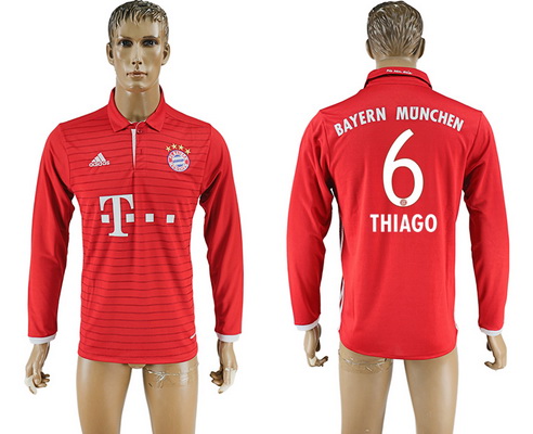 2016-17 Bayern Munich #6 THIAGO Home Soccer Men's Red Long Sleeve AAA+ Shirt