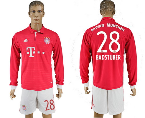 2016-17 Bayern Munich #28 BADSTUBER Home Soccer Men's Red Long Sleeve Shirt Kit
