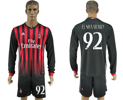 2016-17 AC Milan #92 EL SHAARAWY Home Soccer Men's Red and Black Long Sleeve Shirt Kit